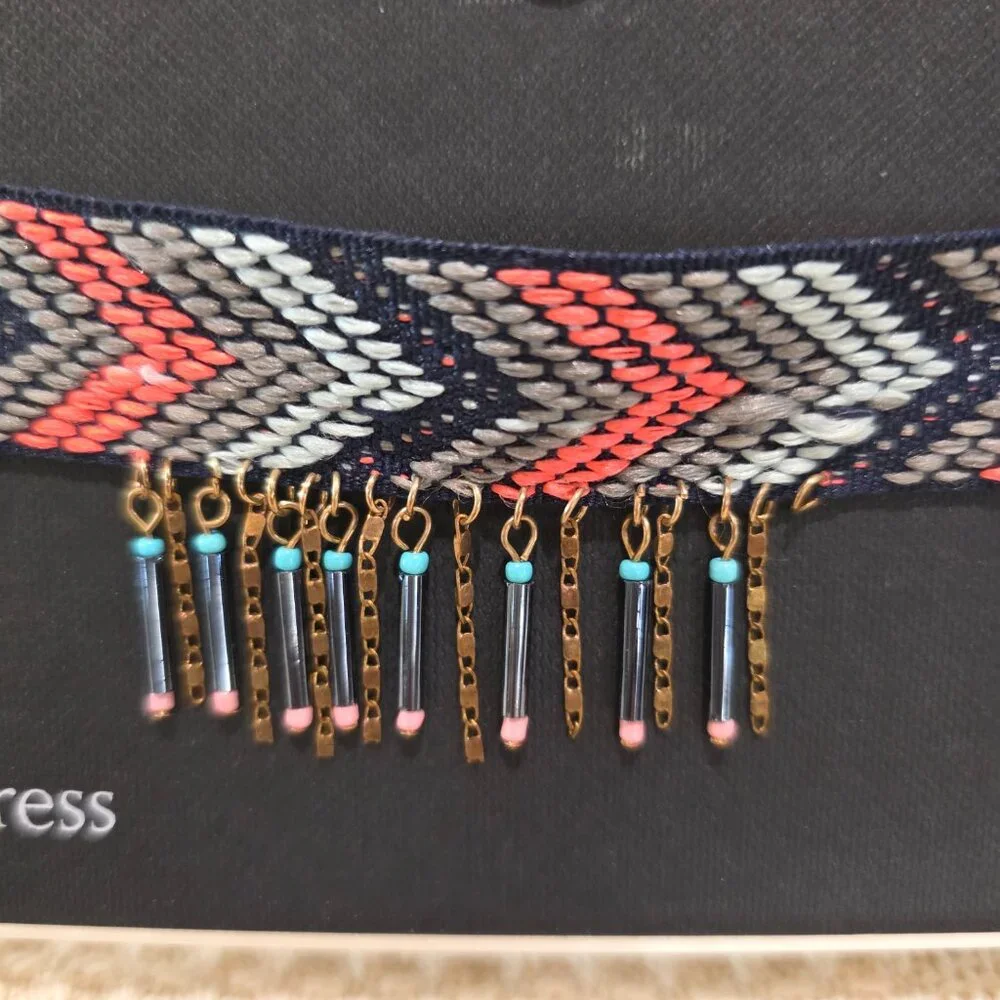 NWT free press Pink Grey Woven Tribal Boho Chic Colorful Fringe Choker Necklace